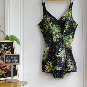1-piece Retro Floral Swimsuit - Size 40 - Vintage France