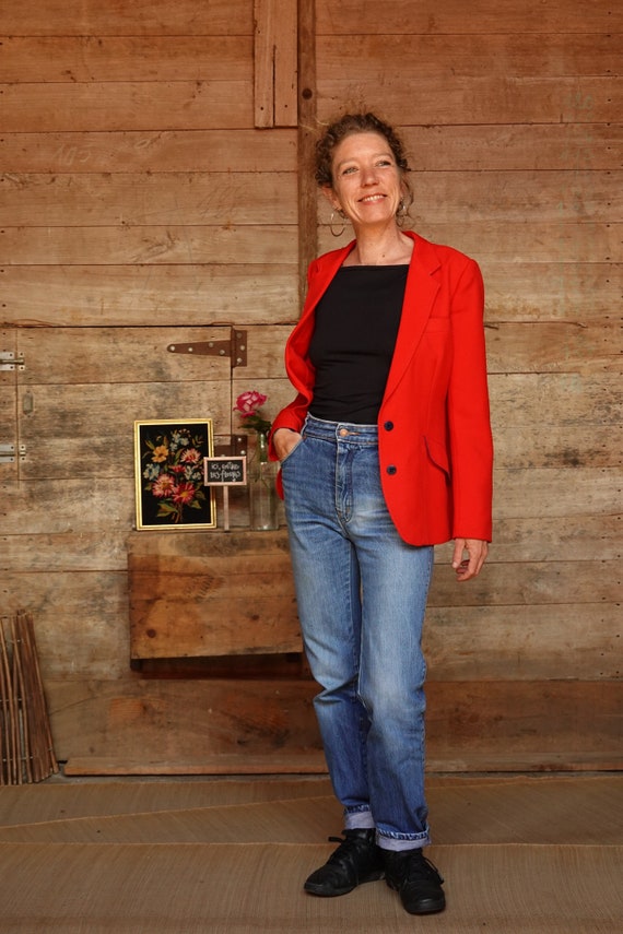 Women's red blazer jacket, piping and navy buttons, Perceval 60s/70s France - Size 36/38 - Vintage View 6