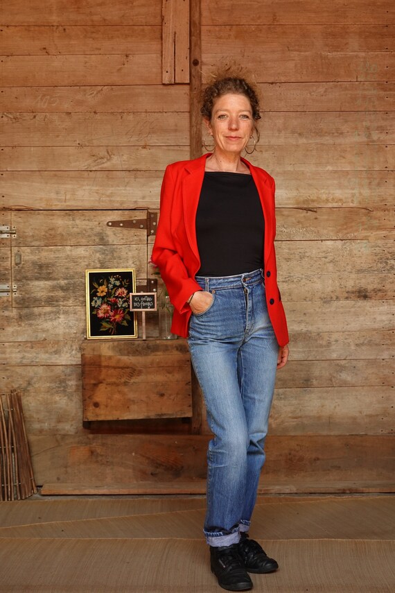 Women's red blazer jacket, piping and navy buttons, Perceval 60s/70s France - Size 36/38 - Vintage View 5