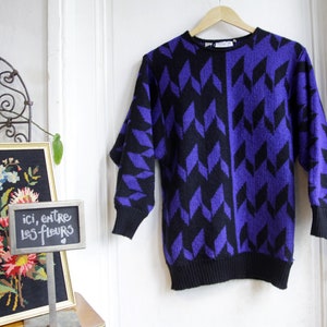 Unisex sweater 80s patterned Black and purple - size M - 38/40 - Brigitte - made in Italy
