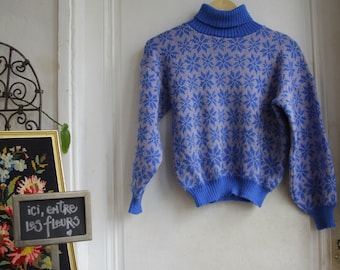 Unisex sweater 70s with blue and light blue patterns - size S / XS - 34/36 - Vintage made in Italy