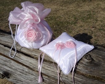 Bridal Drawstring Money bag Pink Pompadour purse Wedding Dollar Dance bag and bearer ring pillow set Flower girl bag with pink rose