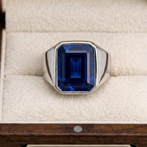 Anillo de zafiro azul para hombre en plata de ley, anillo llamativo de piedra preciosa azul para hombre, anillo de zafiro de talla rectangular para hombre