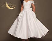 Short Wedding Dress Off Shoulder, Tea Length Wedding Dress Plus Size