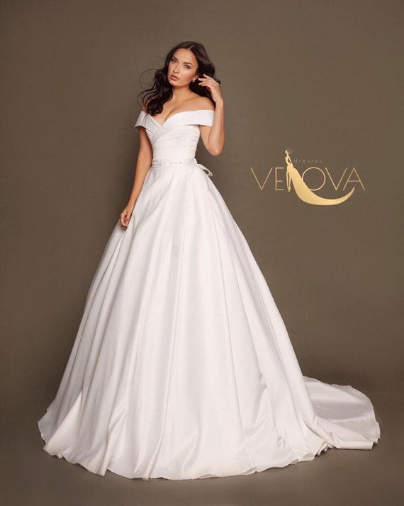 off shoulder wedding dress satin