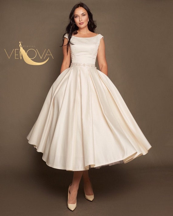 Tea length Wedding Dress Short Modest 