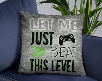 PLAYSTATION Throw Cushion for boys bedroom decor, "Let me Just Beat this Level" gamer quote, teenage bedroom, gamer, game room, kids bedroom