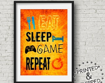 Xbox Eat Sleep Game Repeat Video Game posters for boys bedroom or game room wall art, gift for gamer, red and blue video game decor, gamer