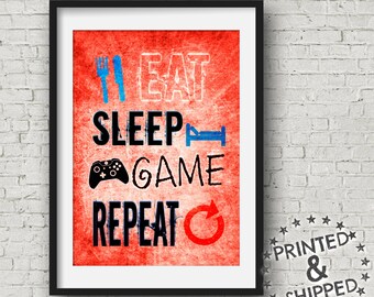 Xbox Eat Sleep Game Repeat Video Game posters for boys bedroom or game room wall art, gift for gamer, red and blue video game decor, gamer
