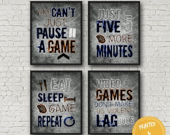 Set of Four PC Gamer Video Game Posters, Orange and Blue, PC Mouse Controller, Gamer Bedroom, Teen boy bedroom, game room art, boy bedroom