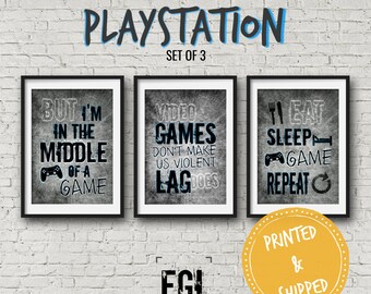 Set of 3 PLAYSTATION POSTERS, Grey and Blue, Video Game Wall Decor for game room or teen room, Video Game Poster gamer gift, boys bedroom