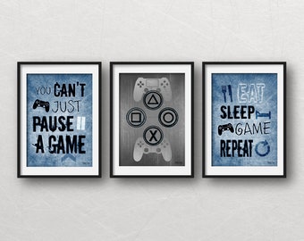 Set of 3 PLAYSTATION POSTERS, Denim Blue Video Game Posters, PS gamer decor for game room, tween bedroom, teen bedroom or boys gamer gift