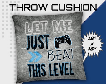 PLAYSTATION Throw Cushion for boys bedroom decor, "Let me Just Beat this Level" gamer quote, teen bedroom, gamer gift, game room, kids room