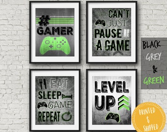 Set of GREEN XBOX POSTERS, Video Game Quote, Video Game Poster, Xbox Controller, Video Game Wall Art, boys room Decor, Game room, Teen room