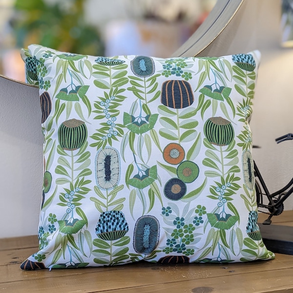 Green Floral Cushion Cover,  Australian Native design cushion, Premium Fabric. Sewn by Emotive Collection in Australia, Jocelyn Proust