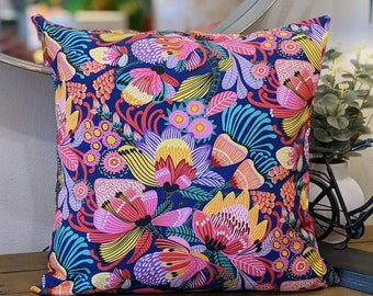 Wild Protea Blue Cushion Cover, Kirsten Katz Cushion, Native floral cushion, Premium Cotton Canvas Fabric. Hand crafted in Australia