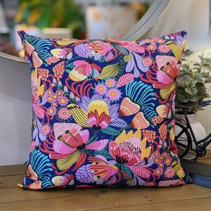 Wild Protea Blue Cushion Cover, Kirsten Katz Cushion, Native floral cushion, Premium Cotton Canvas Fabric. Hand crafted in Australia