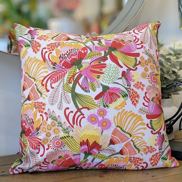 Wild Protea Cushion Cover, Kirsten Katz Cushion, Native floral cushion, Premium Cotton Canvas Fabric. Hand crafted in Australia