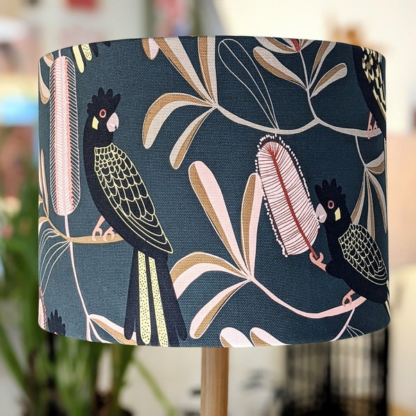 Yellow-Tailed Black Cockatoo handmade lampshade, light shade - Native Bird and Flowers - Emotive Collection Lamp Shades Made In Australia