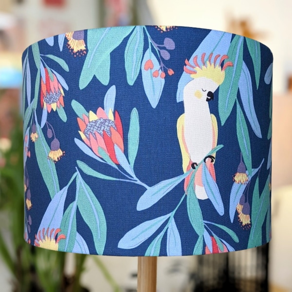 Blue lampshade, Australian Cockatoo, Lamp shades table lamp, Lampshades for floor lamps, lamp shade ceiling, Blue light shade, Gum leaves