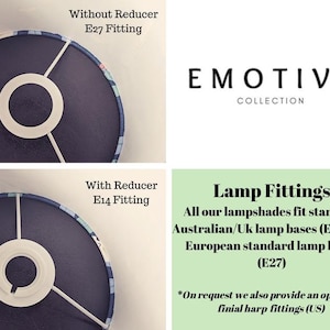 May include: Two lampshade fittings are shown, one with and one without a reducer. The lampshades fit standard Australian/UK lamp bases (E14) and European standard lamp bases (E27). The brand name "EMOTIVE COLLECTION" is also displayed.