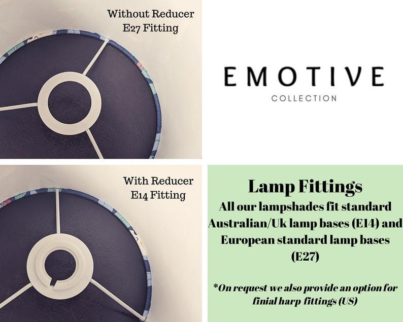 May include: Two lampshade fittings are shown, one with and one without a reducer. The lampshades fit standard Australian/UK lamp bases (E14) and European standard lamp bases (E27). The brand name "EMOTIVE COLLECTION" is also displayed.