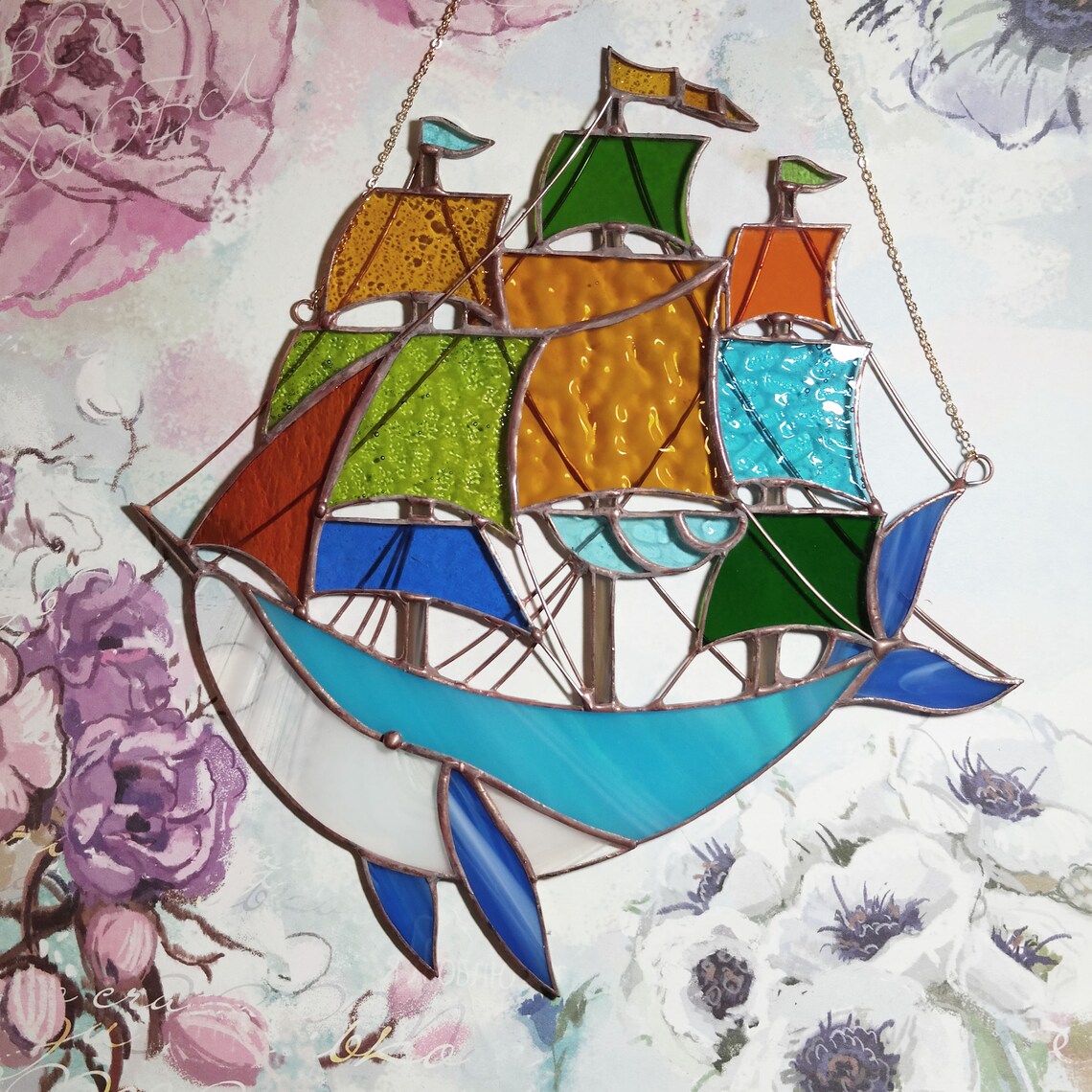 Whale stained glass panel blue whale ship stained glass Etsy