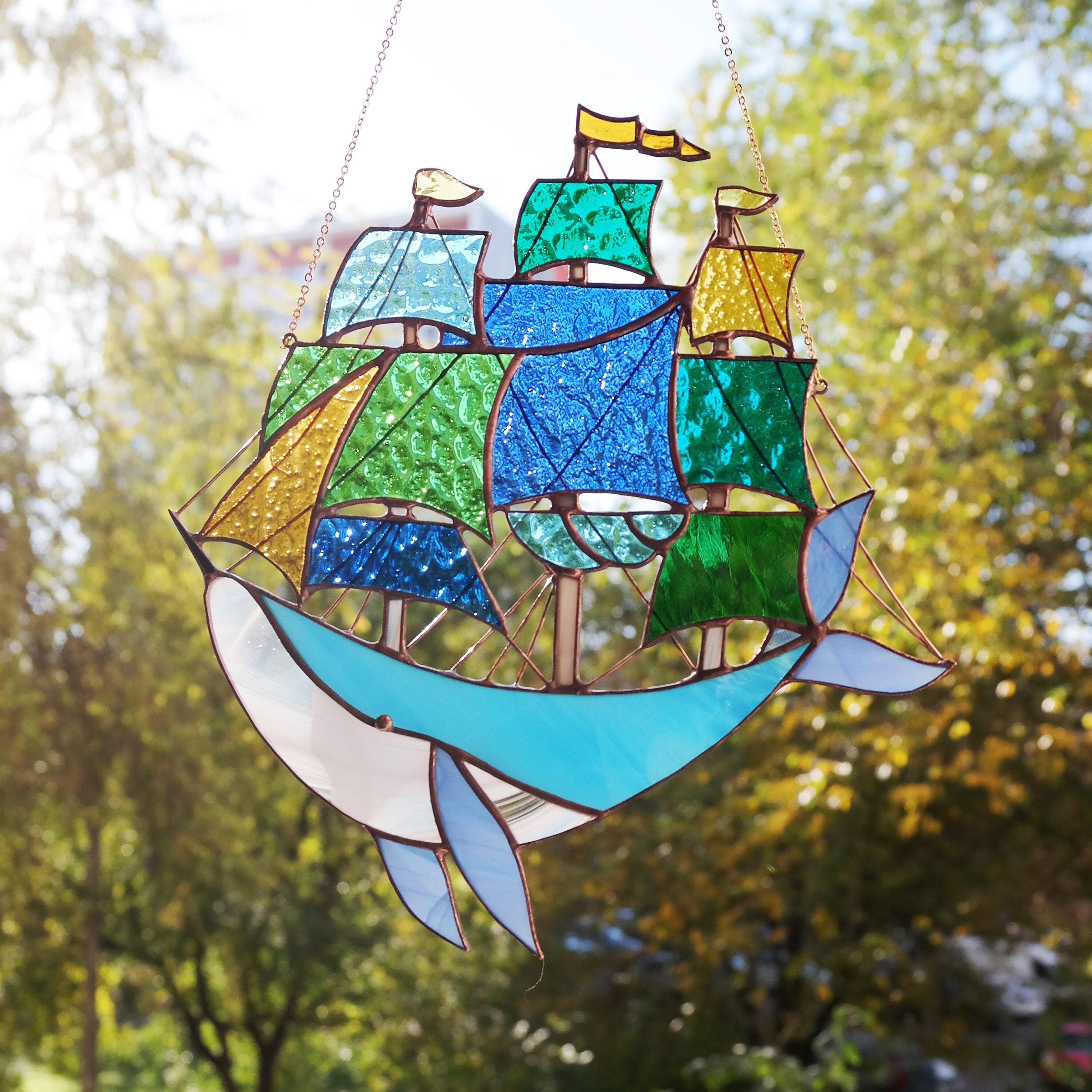 Whale Stained Glass Panel Blue Whale Ship Stained Glass Etsy