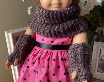 Cowl and fingerless gloves handknit in a rich barley brown,for 18” doll like American Girl.Outlander inspired by Claire, Brianna!