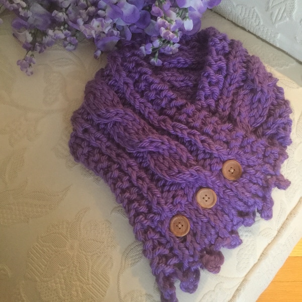 New color! Light purple Fisherman’s Wife neckwrap scarf, three front buttons,cable design ,chunky yarn for warmth and style,picot edging.