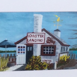 Fine Art Print of my oil painting,”Lobster Landing”iconic site on the Harbor of Clinton ,Connecticut,5”by 7”matted to 8”by 10”.Shoreline Art