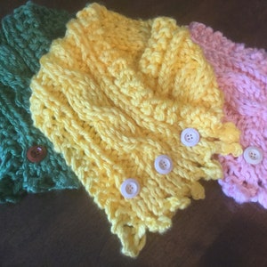 New Color! Daffodil Yellow Fisherman’s Wife Scarf,handknit in a center cable design, fastened in front by 3 woodtone buttons,picot edging