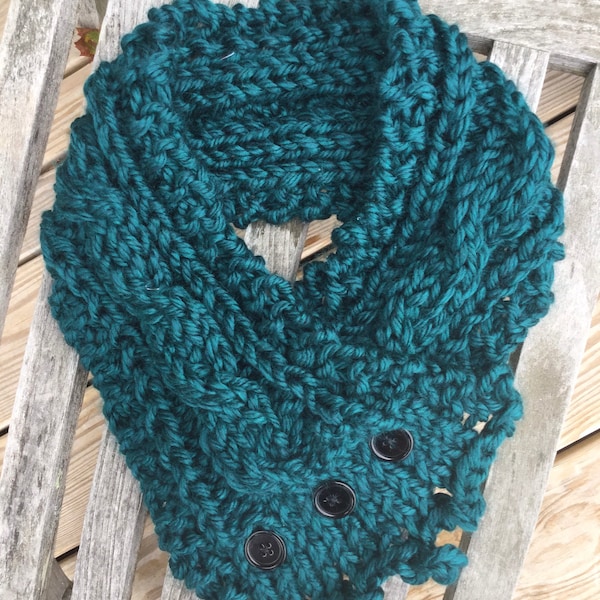 Peacock Green-Blue handknit Fishermans Wife scarf or buttoned cowl, in a soft chunky yarn for warmth and style,three buttons.