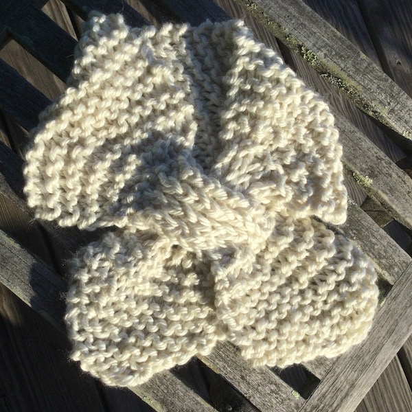 A Handknit Bowtie Scarf in soft Ivory Cream chunky acrylic  yarn for warmth and style,Outlander inspired!