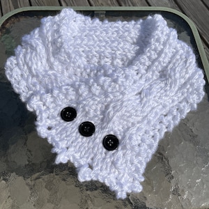A Handknit Fisherman’s Wife Scarf in soft white chunky acrylic yarn for warmth and style, lacy look,three black buttons,Outlander inspired!