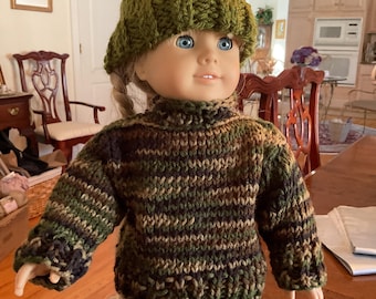 Handknit Tweed Doll Sweater and Cap, 18 inch American Girl Doll Clothes