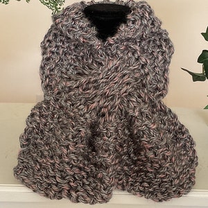 NEW!A Handknit Bowtie Scarf in soft Brown/ Black/Grey Tweedwith flecks of pink chunky acrylic  yarn for warmth and style,Outlander inspired!