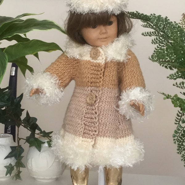For 18” doll like American Girl,a handknit coat and furry trim hat in beige and ivory, longer Aline length. Unique!