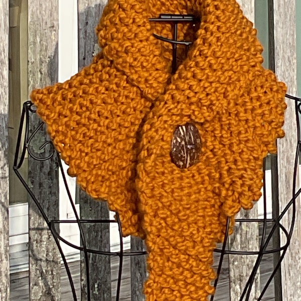 NEW! Mustard Gold Buttoned Collar Cowl,handknit in soft chunky yarn,Indoor or outdoor scarf,fastened with 2”coconut wood button.Unique!