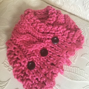 In Azalea Pink, a Fisherman’s Wife Scarf or Neckwrap, handknit by me,with center cable  stitch,3 button front  closure, picot edging