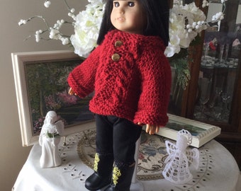 Holiday Red handknit sweater for 18” dolls such as American Girl,bulky cable knit,gold button front closing.Unique!