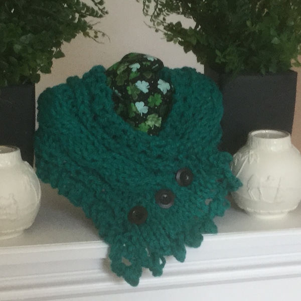 Go Irish! Handknit in chunky emerald green acrylic yarn is a traditional Fisherman’s Wife neck wrap scarf or cowl,fastened by three buttons.