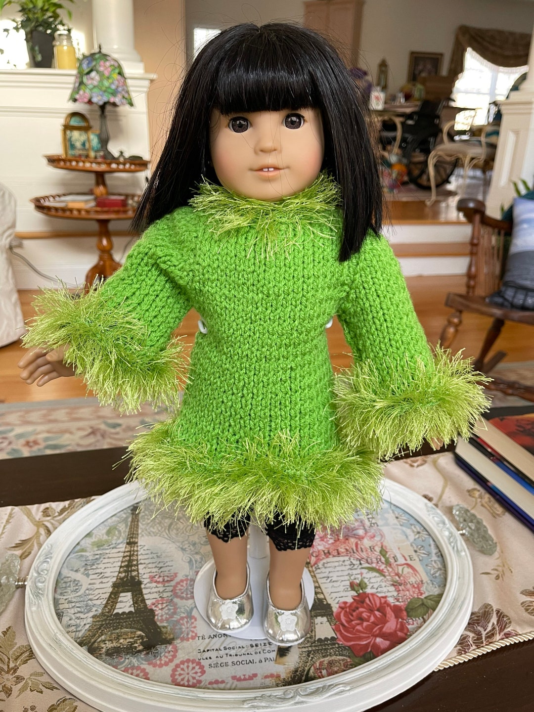 Handknit Doll Dress in Spring Green With Feathery Trim at Hem Neck,and Sleeves, Pullon With Back