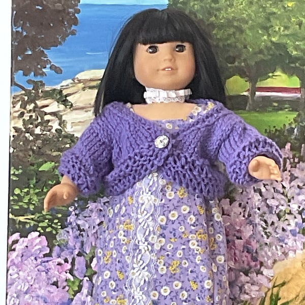 Deep lilac/light purple cropped sweater/shrug, handknit for an 18” doll,open knitted lacework borders,crystal button closing,Empire style