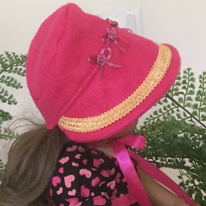 For an 18” doll, here is a rose pink felt ribbon trimmed bonnet a la Jane Austen,accessory  for my empire style Valentine’s dress .Romantic!