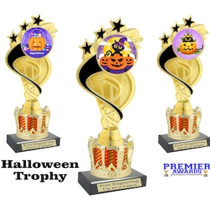 Halloween trophy.  Choice of 9 designs. Great for costume contests, pumpkin carving and more. 8&quot; tall.