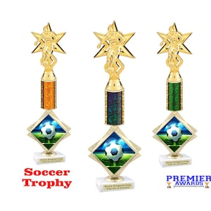 Male Soccer trophy with choice of column color.  16&quot; tall. Great for your soccer team, player and coaches.