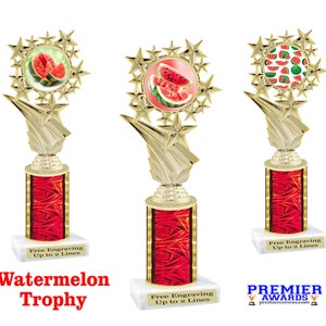 Watermelon themed trophy.  Great award for your eating, growing or watermelon growing contests.  Choice of artwork and trophy height.