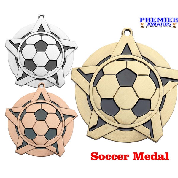 Great medal for leagues, schools, teams, and for the favorite player in your life! Gold, silver or bronze.  2 1/4" diameter. Soccer medal
