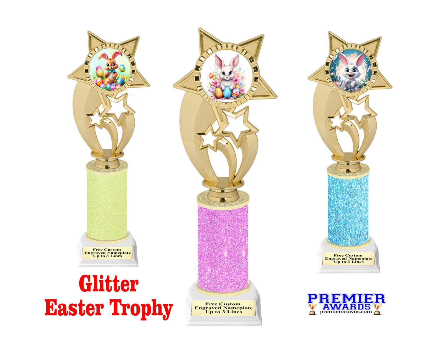 Glitter Easter Trophy.  Great for all of your Easter events, contests, pageants, Easter Egg Hunts and more.  Choice of 9 designs and height.